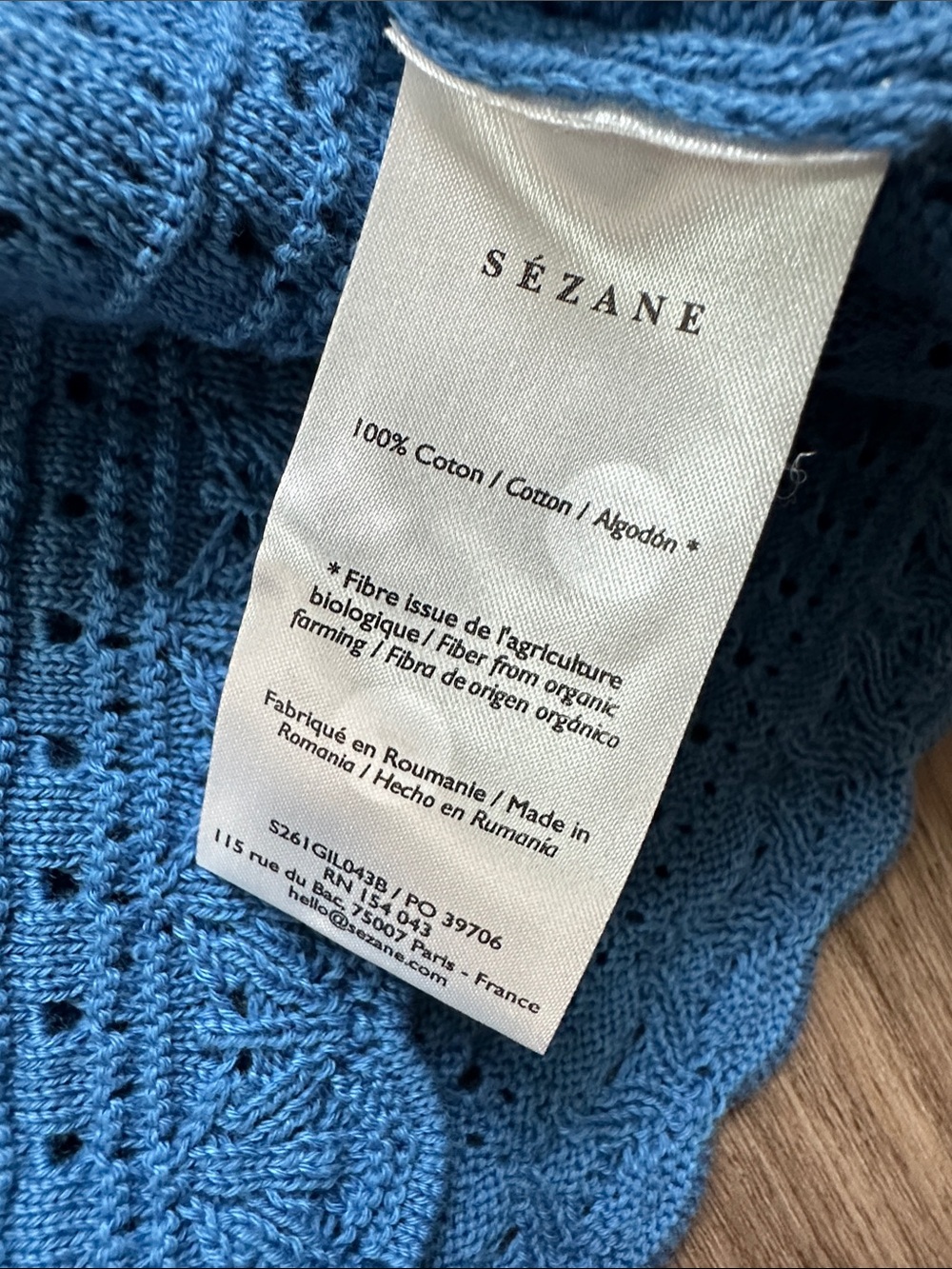 Sezane Cerulean Blue Crochet Knit Button-Front Shell - Picture 8 of 12